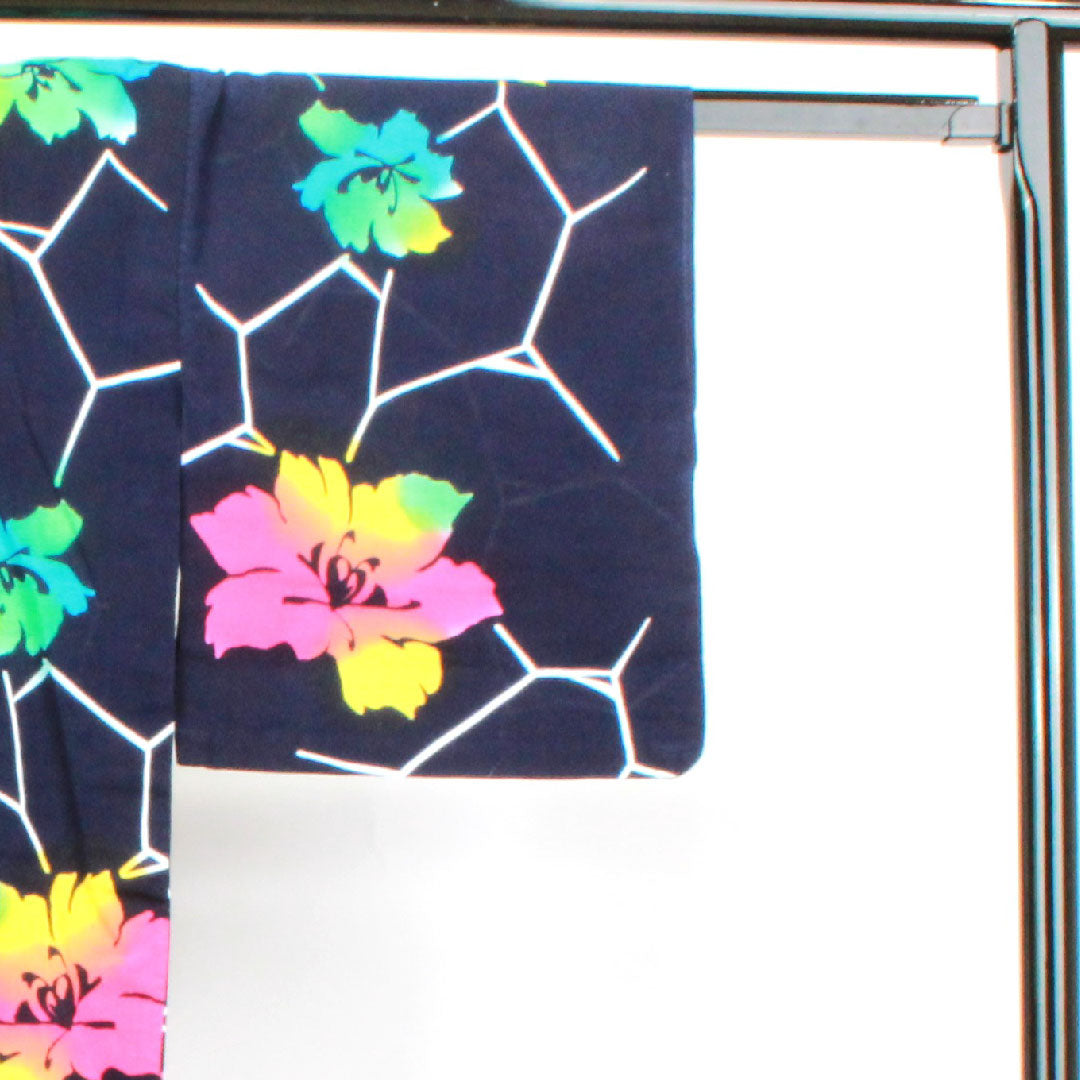 浴衣 濃紺色 抽象花 木綿 Sランク 単衣 身丈152cm 裄丈63.5cm 紺系 1118003392218