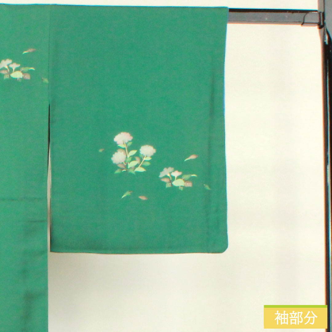 Homongi, pure silk, lined, length 166cm, sleeve length 66cm, Satsuma Nandouiro, Kyo-Yuzen, floral pattern, A rank, green, 1112004243519