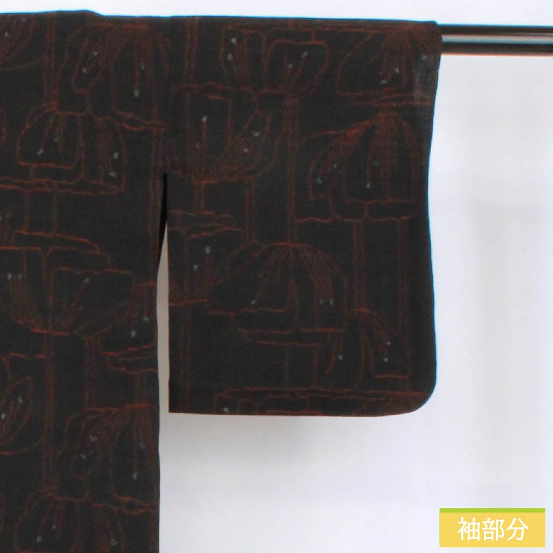 紬 正絹 Aランク 身丈161cm 裄丈63.5cm 縮 花 単衣 黒系 1116004403410