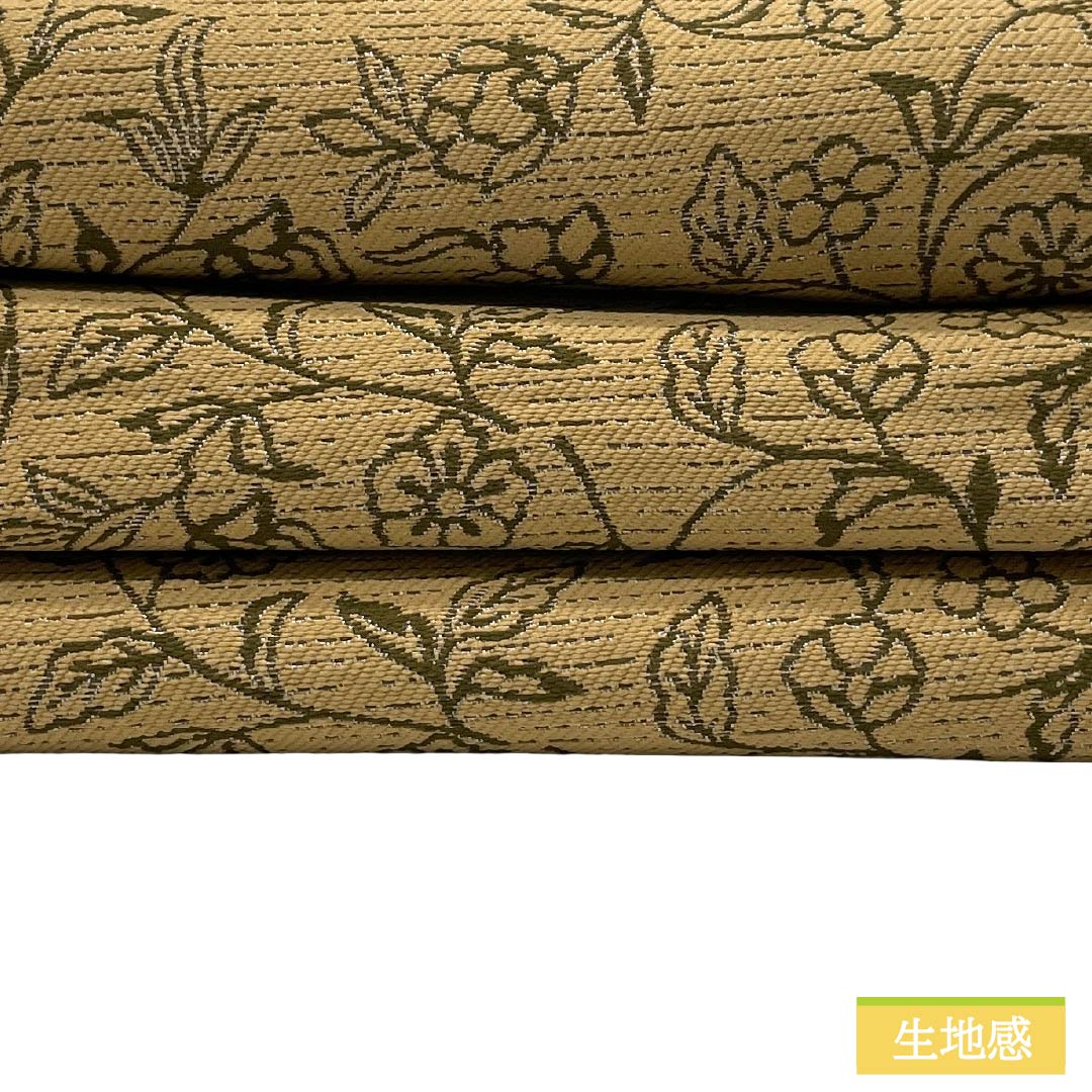 （新品）半幅帯 ポリエステル NEWランク 山吹鼠色（やまぶきねずいろ） 錫色（すずいろ） 花唐草 縞 リバーシブル 帯丈380cm 黄系 1125006201323