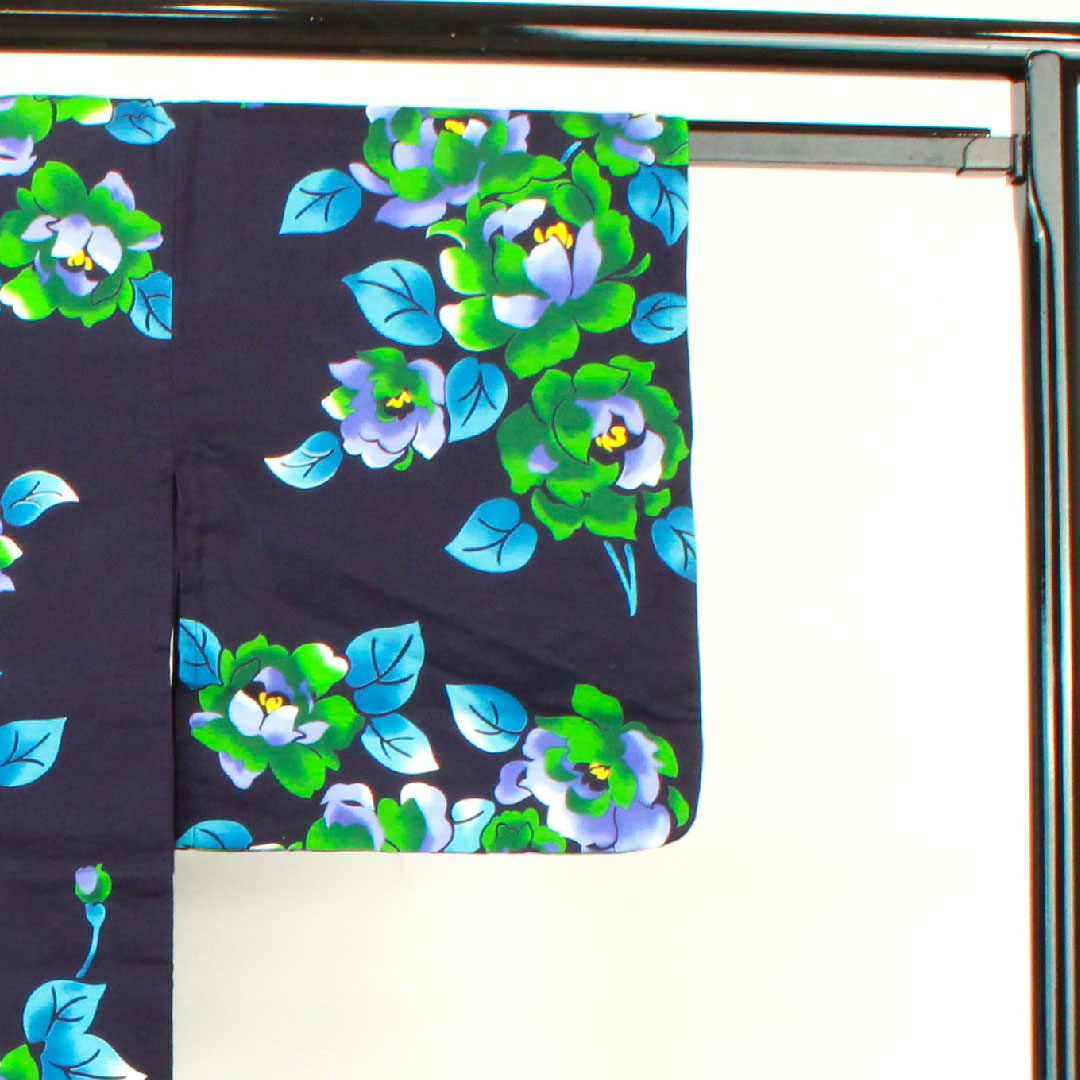 浴衣 濃紺色 山茶花 木綿 Sランク 単衣 身丈162cm 裄丈65.5cm 紺系 1118002582418
