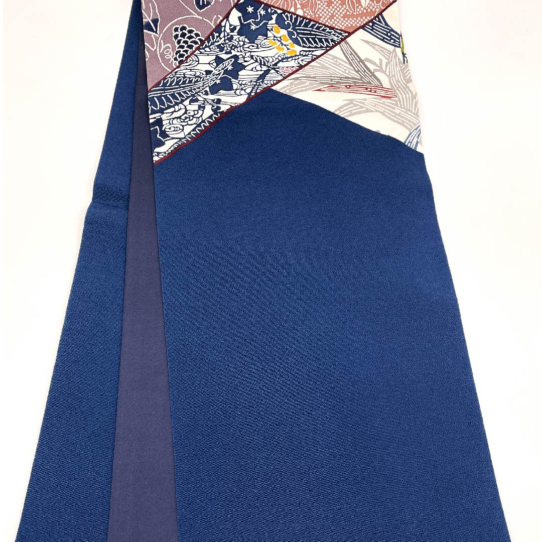 袋帯 紺鉄色（こんてついろ） 栗山工房 切りばめ風 花柄 葡萄 帯丈459cm 正絹 Sランク 六通 カジュアル 青系 1123009492417