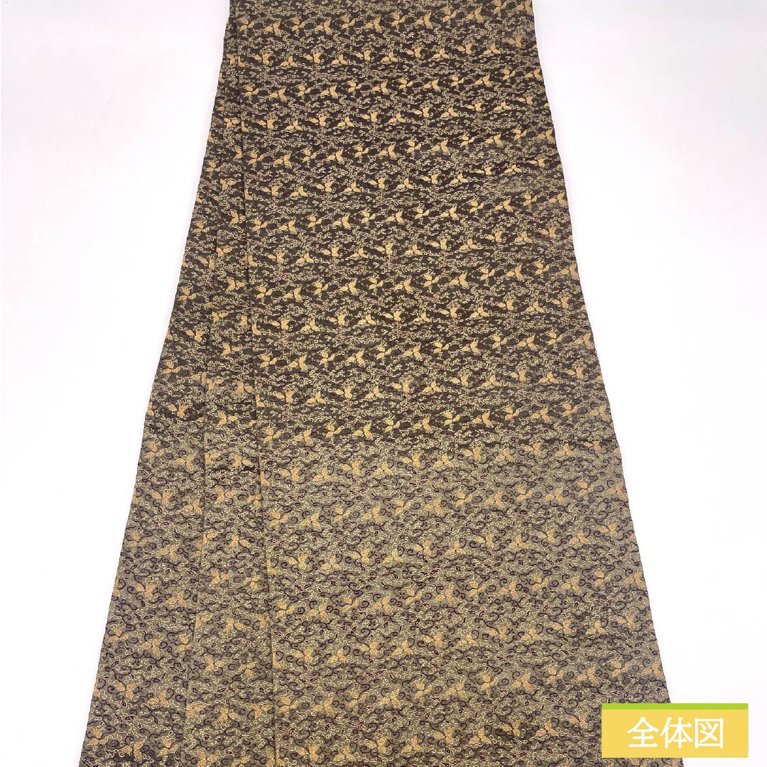 袋帯 正絹 媚茶色（こびちゃいろ） 丸帯 花唐草 帯丈404cm Sランク 全通 カジュアル 緑系 1123012442319