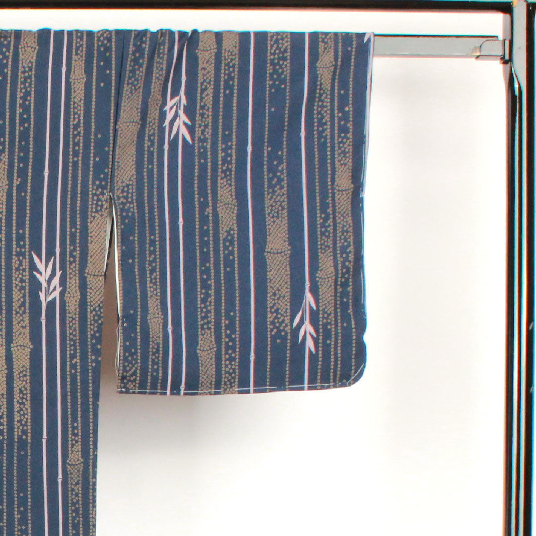 小紋 身丈163cm 裄丈67.5cm 袷  紺青色 洗える着物 竹  ポリ Sランク 紺系 1115002112418