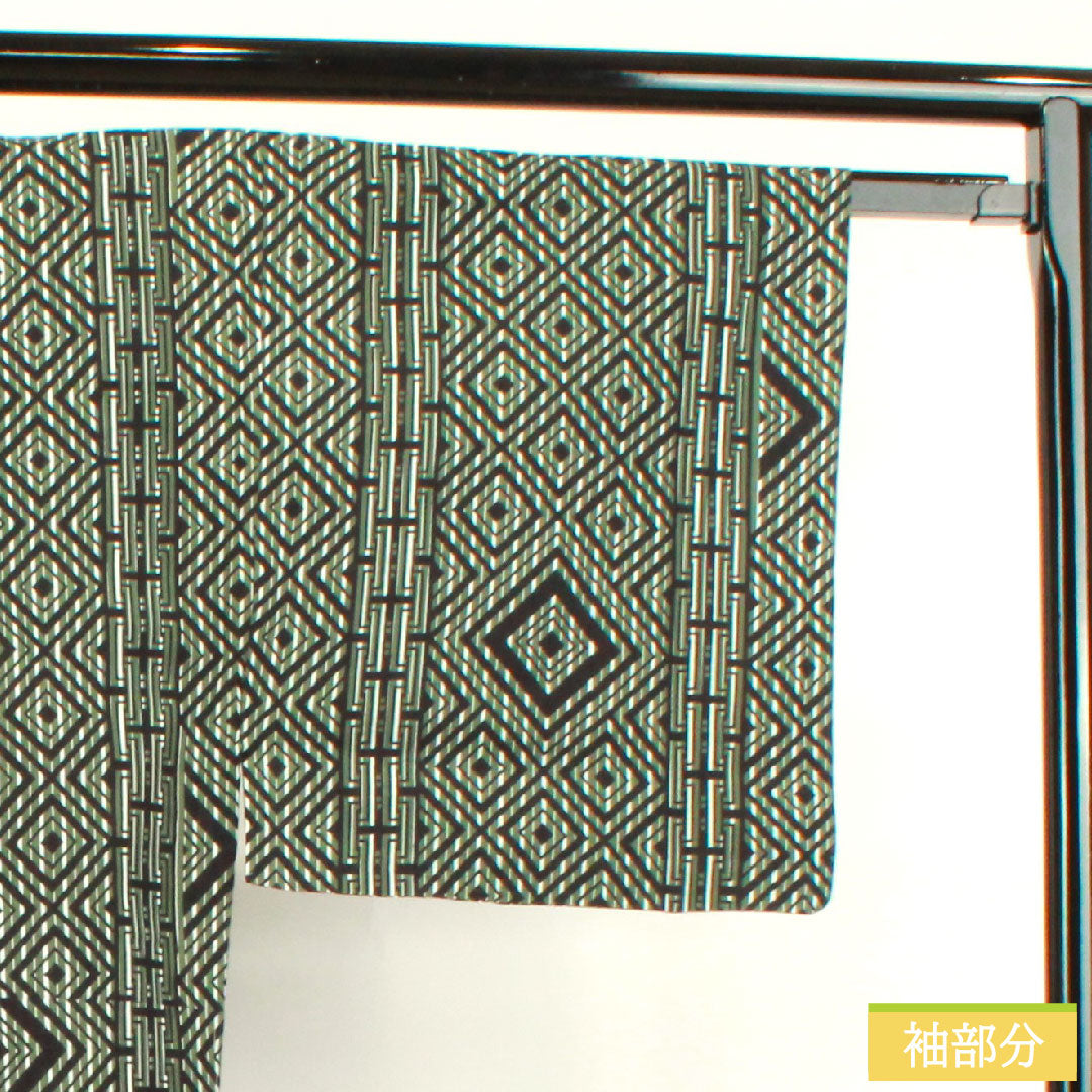 Yukata, cotton, length 153.5cm, sleeve length 73cm, S rank, single layer, green, Shimamatsunezuiro, men's, geometric pattern, Kansai Yamamoto, 1118004902519