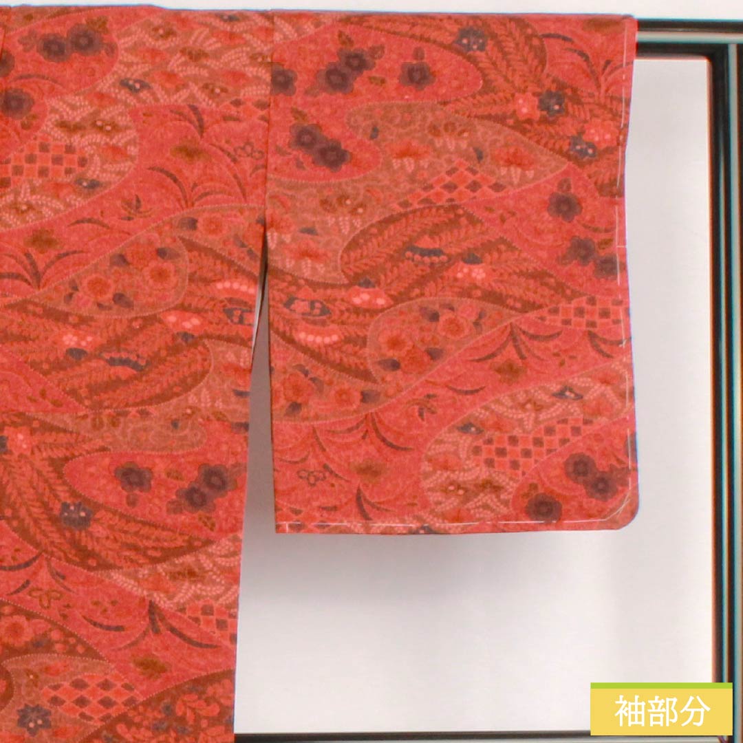 小紋 正絹 身丈161cm 裄丈67cm 袷 濃紅葉色（こいもみじいろ） 辻ヶ花 しつけ糸付き Sランク 朱系 1115005302416