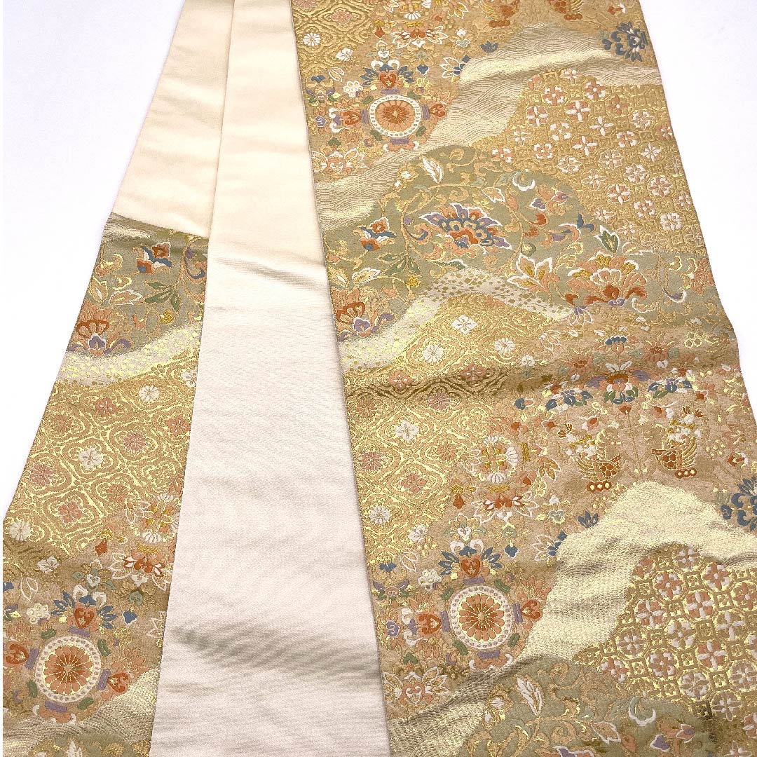 （未仕立）袋帯 金色 吉祥文様 服部織物謹製 帯丈428cm 正絹 Aランク 六通 フォーマル 金系 1123006013321