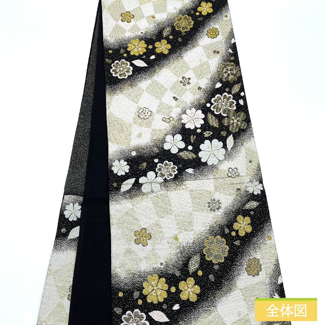 袋帯 正絹 胡粉色（ごふんいろ） 桜 梅 変わり市松 帯丈436cm Sランク 六通 フォーマル 白系 1123011492311