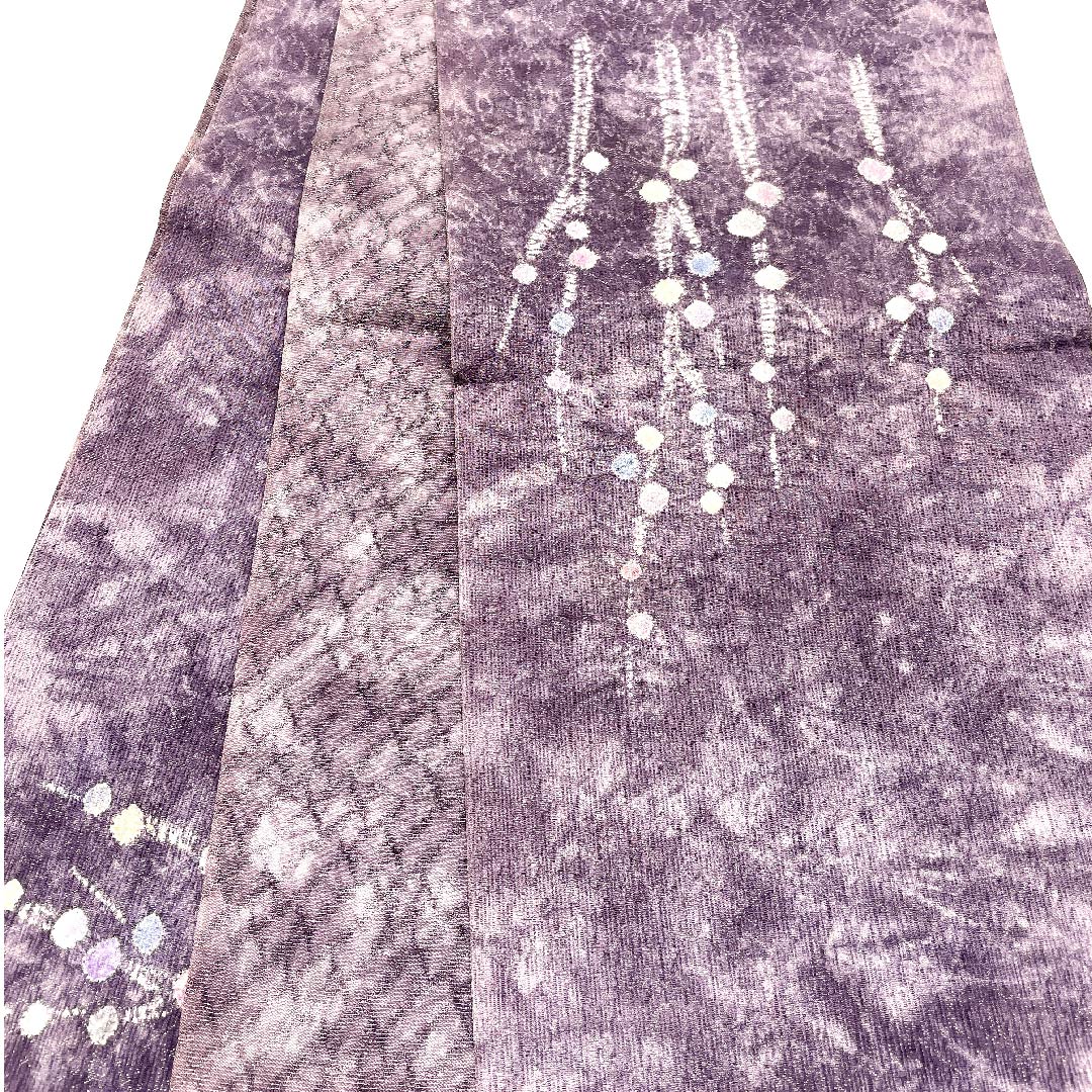 袋帯 鳩羽色（はとばいろ） 絞り 抽象模様 帯丈452cm 正絹 Sランク ポイント柄 カジュアル 紫系 1123003042420