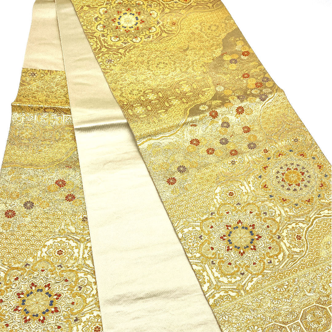 （未仕立）袋帯 道長秋草華文 長嶋成織物 帯丈428cm 正絹 Sランク 六通 フォーマル 金系 1123004692321