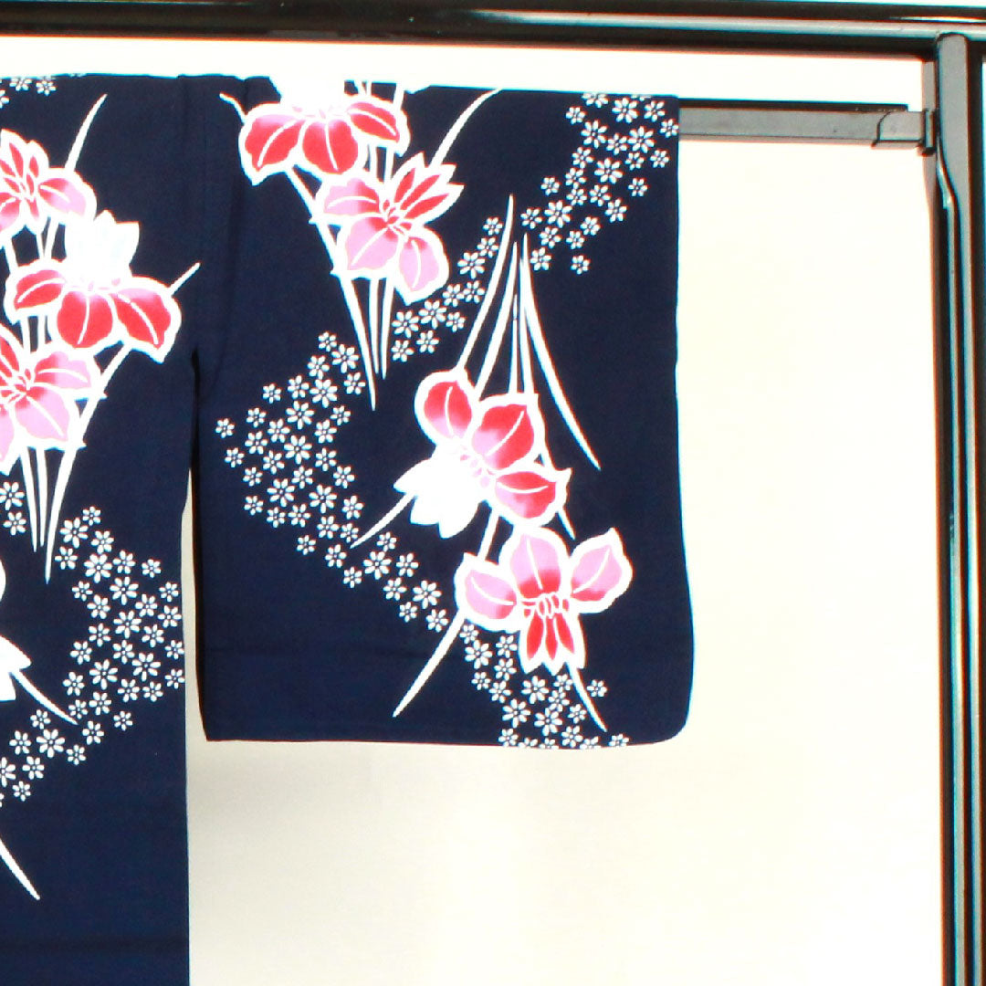 再生和服] 浴衣，深蓝色，鸢尾花，棉，S级，单层，长度152厘米