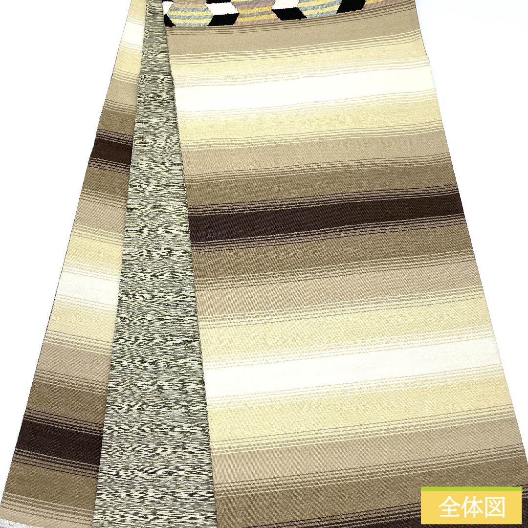 袋帯 鳥の子色（とりのこいろ） 幾何学模様 横段 帯丈470cm 正絹 Sランク ポイント柄 カジュアル グラデーション系 1123010602499