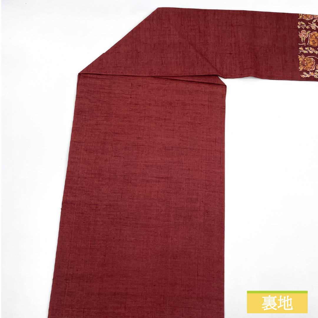 名古屋帯 紅海老茶色（べにえびちゃいろ） 紬地 抽象模様 染め帯 帯丈354cm 正絹 Sランク ポイント柄 カジュアル 朱系 1124007402316 名古屋仕立て