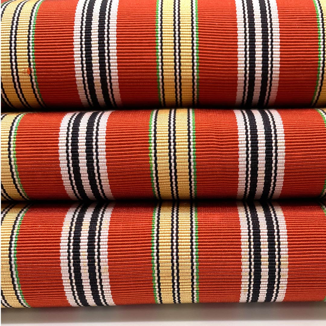 （未仕立）半幅帯 正絹 帯丈346cm 真朱色（しんしゅいろ） 縞 博多織 橙系 Sランク 1125001412326