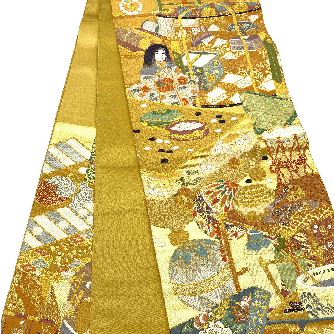 袋帯 時代人物風景 引箔 帯丈436cm 正絹 Sランク 六通 フォーマル 金系 1123005102321