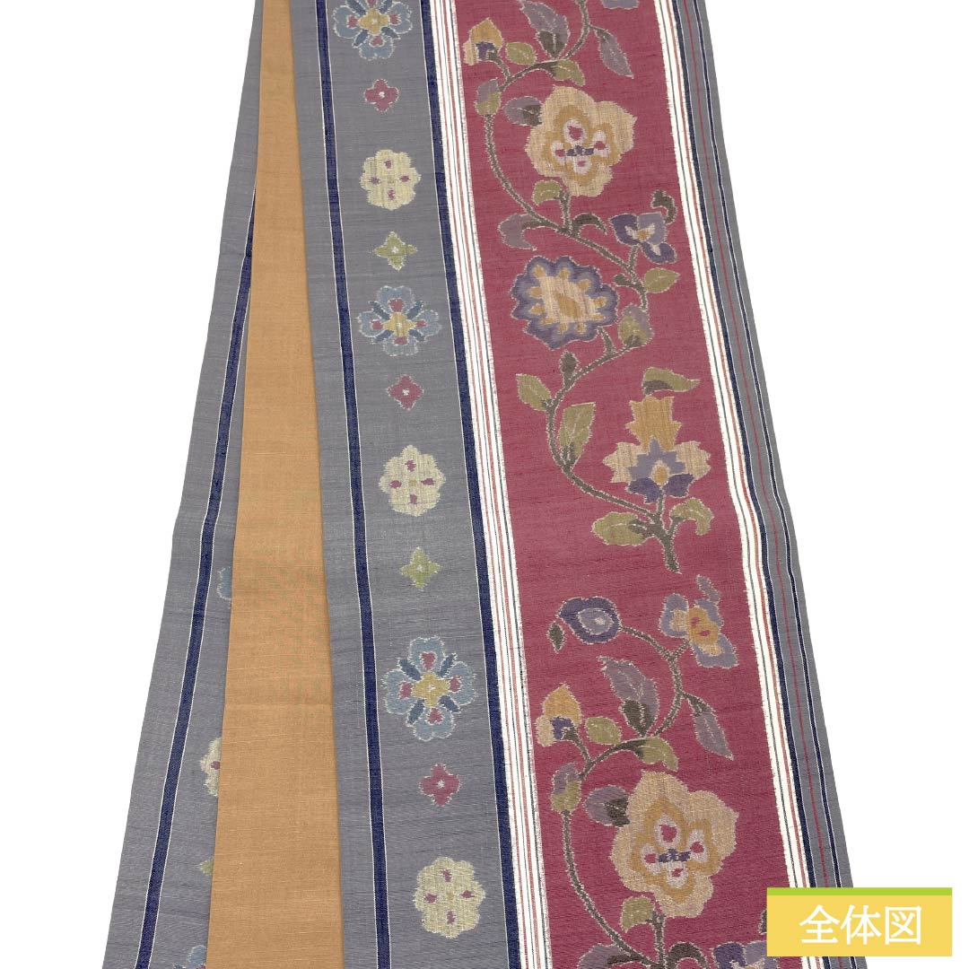 袋帯 正絹 Sランク 薄鈍色（にびいろ） 紅鶸色（べにひわいろ） 更紗 紬地  帯丈436cm 全通 カジュアル マルチカラー 1123018742328