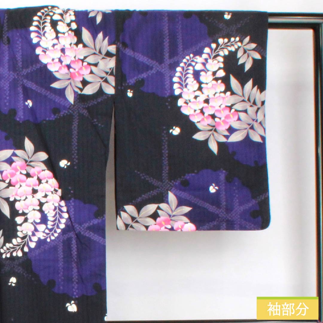 Yukata Cotton Length 161.5cm Sleeve length 66cm S rank Single layer Black Snowflake Wisteria 1118005392410