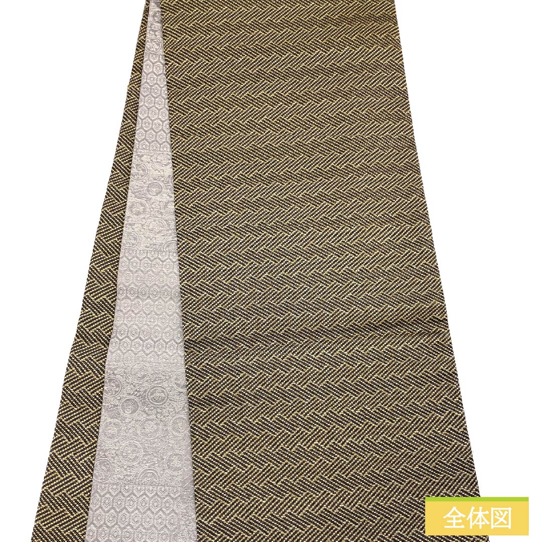 袋帯 正絹 組織り 幾何学模様 帯丈444cm Sランク ポイント柄 セミフォーマル 金系 1123014772321