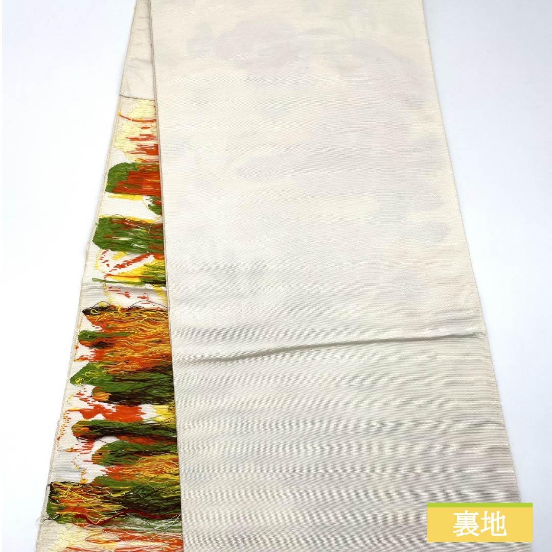 名古屋帯 正絹 Sランク 草花模様 帯丈350cm 六通 カジュアル 白系 1124010702311 開き仕立て