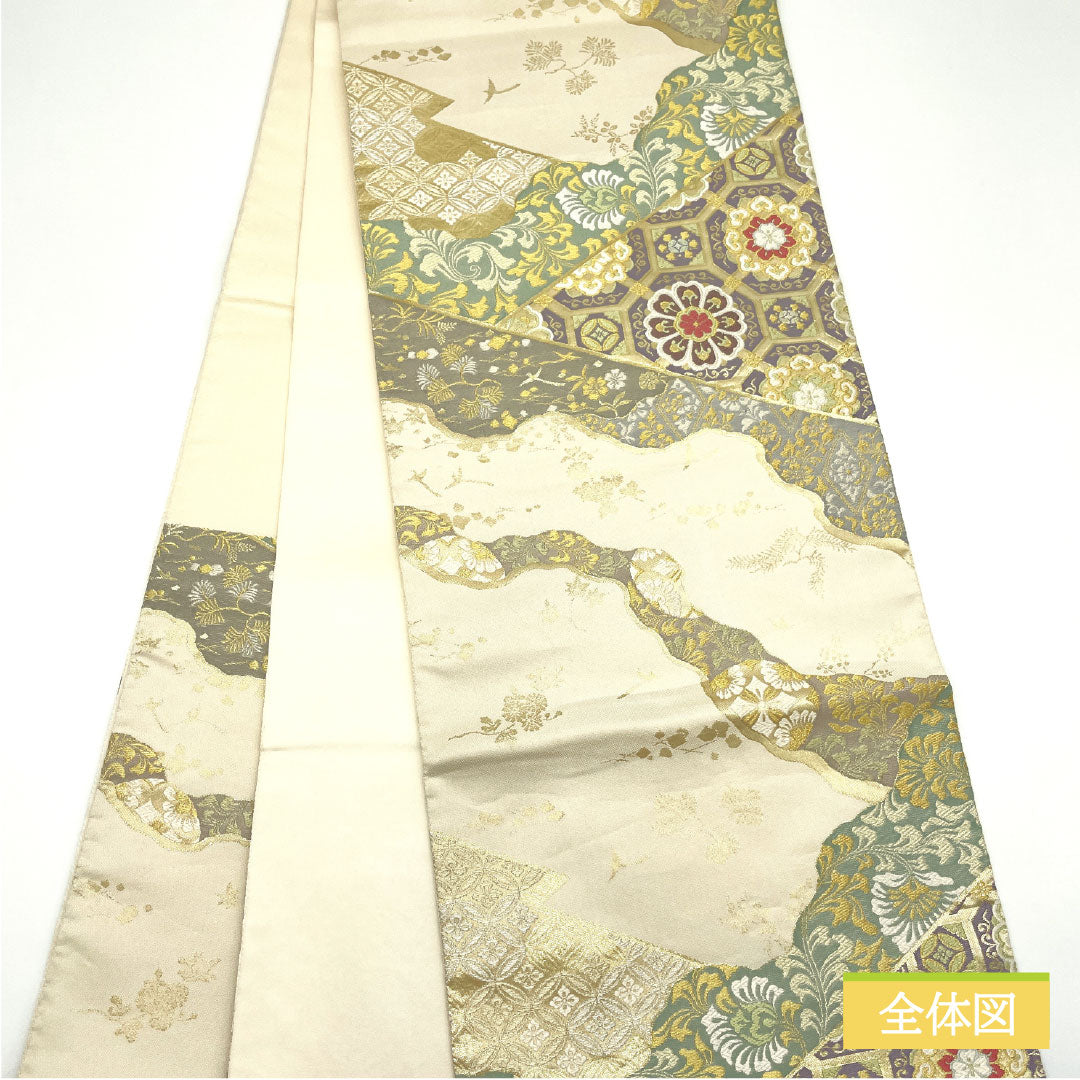 袋帯 正絹 Bランク 乳白色（にゅうはくしょく） 西陣織 吉祥文様 帯丈448cm 六通 フォーマル クリーム系 1123016094315