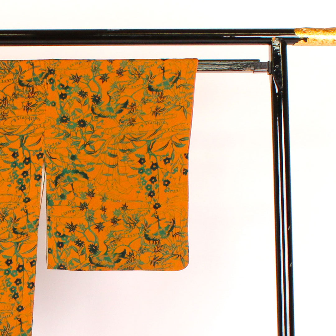 小紋 身丈161cm 裄丈63cm 袷 作家物 鶴に草花 型染 正絹 Aランク 茶系 1115000293314