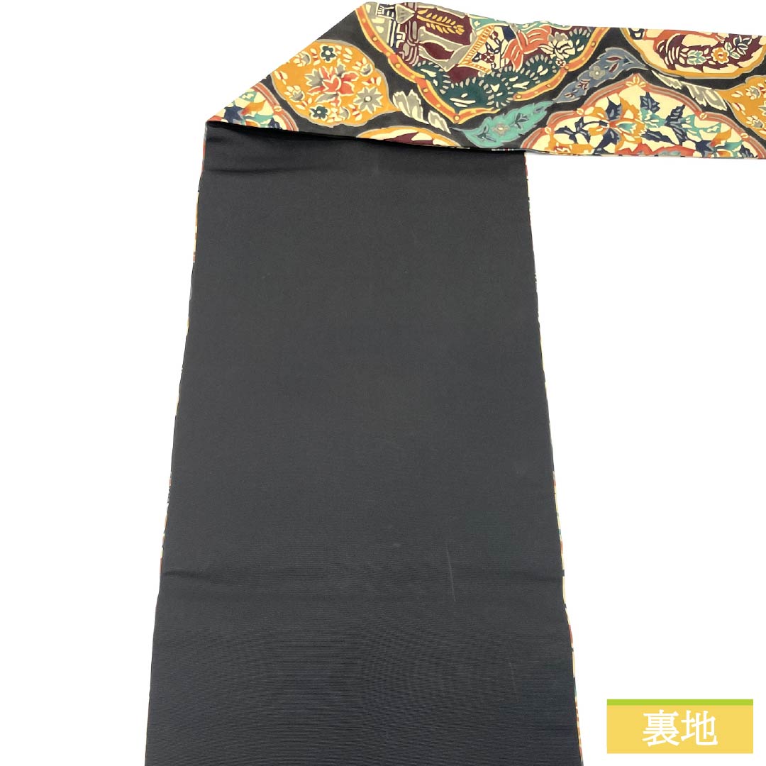 名古屋帯 型染 更紗模様 帯丈360cm 正絹 Sランク 六通 カジュアル 黒系 1124006682310 名古屋仕立て
