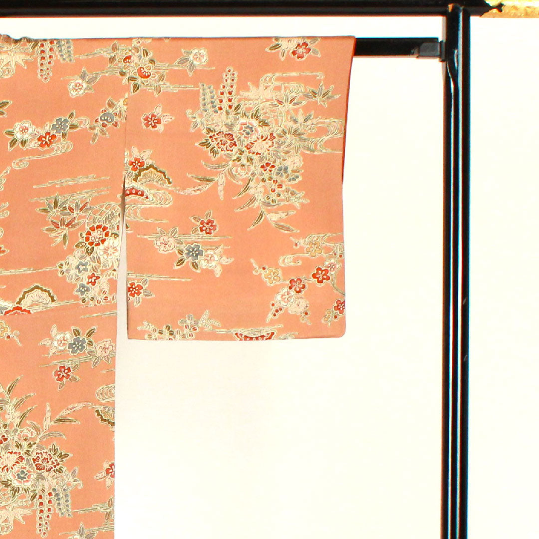 小紋 身丈154cm 裄丈61.5cm 袷  松竹梅 花籠 帛紗付き  正絹 Sランク 茶系 1115002042214