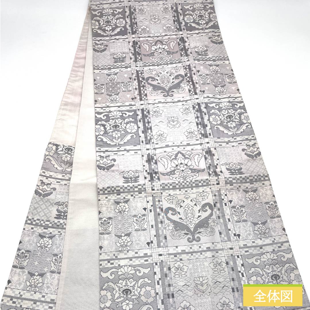 Fukuro Obi (Bag) - Pure Silk, Mercury Color, Sarasa Pattern, Length 424cm, S Rank, Six-Ply, Casual, Gray, 1123012842322