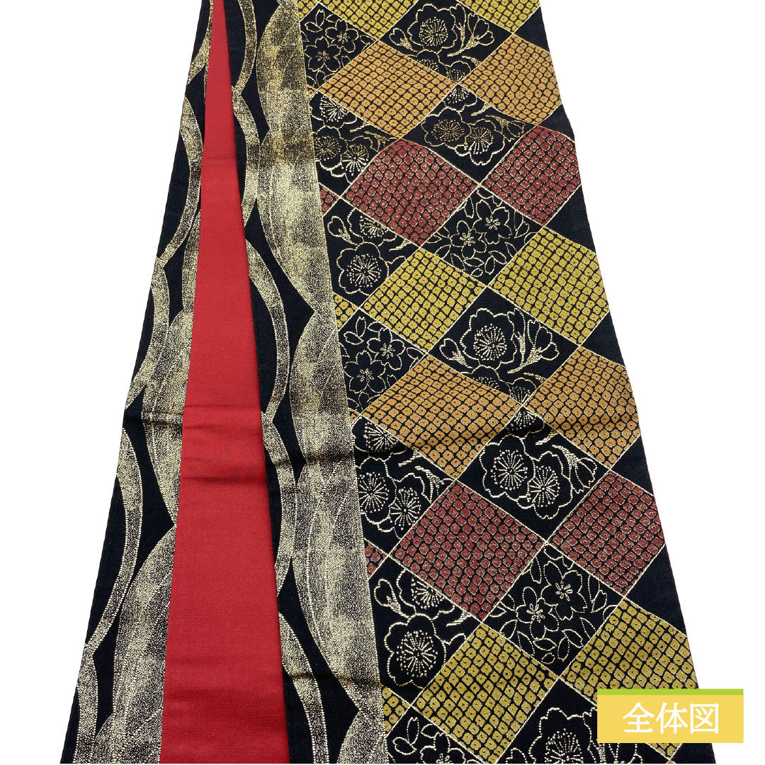 リサイクル着物】袋帯 正絹 Aランク 菱格子 西陣織 桜 帯丈444cm 全通