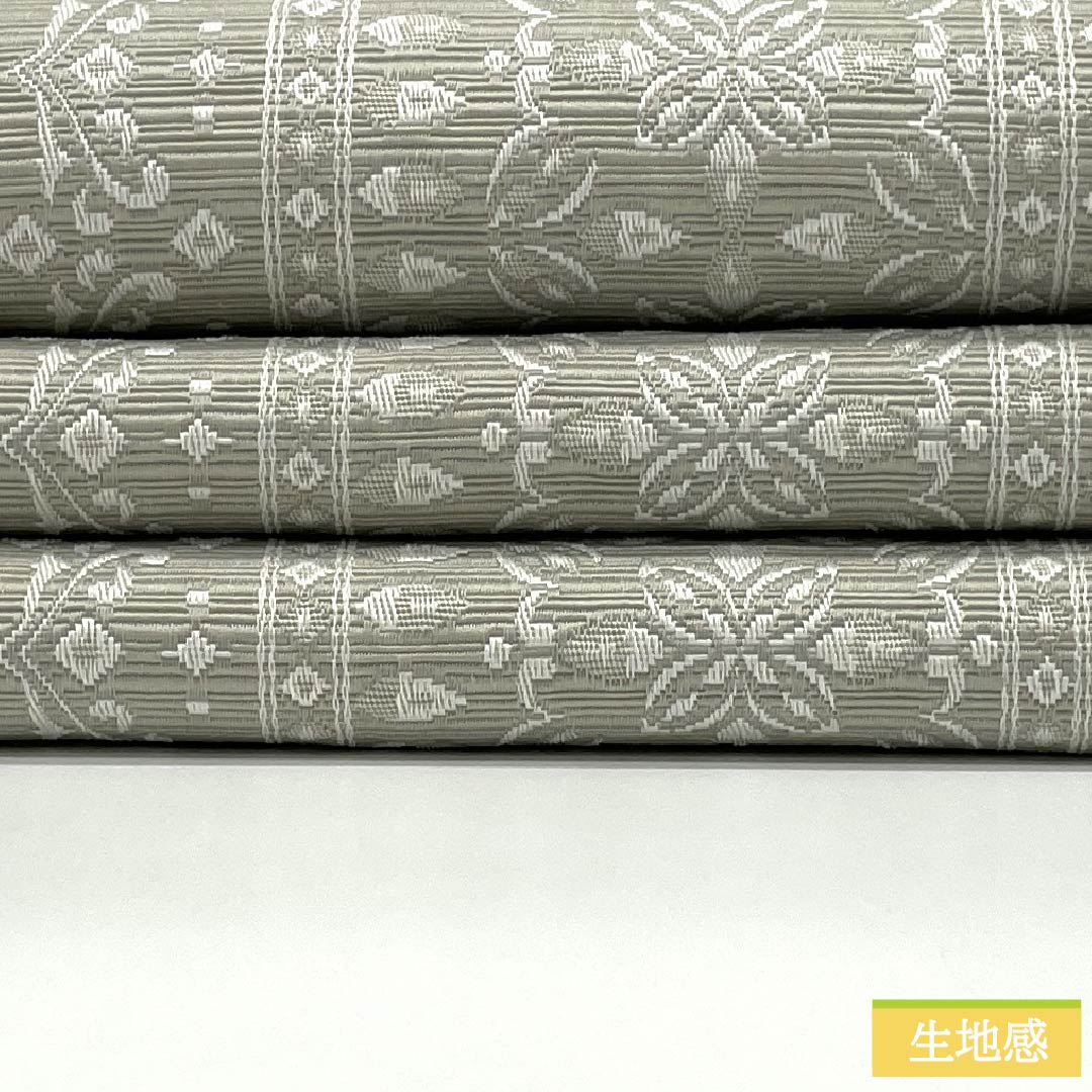 (New) Half-width obi, polyester, NEW rank, kinu-nezuiro (silvery gray) and baikōcha-iro (dark greenish brown), abstract floral pattern, reversible, obi length 400cm, green family, 1125002781419