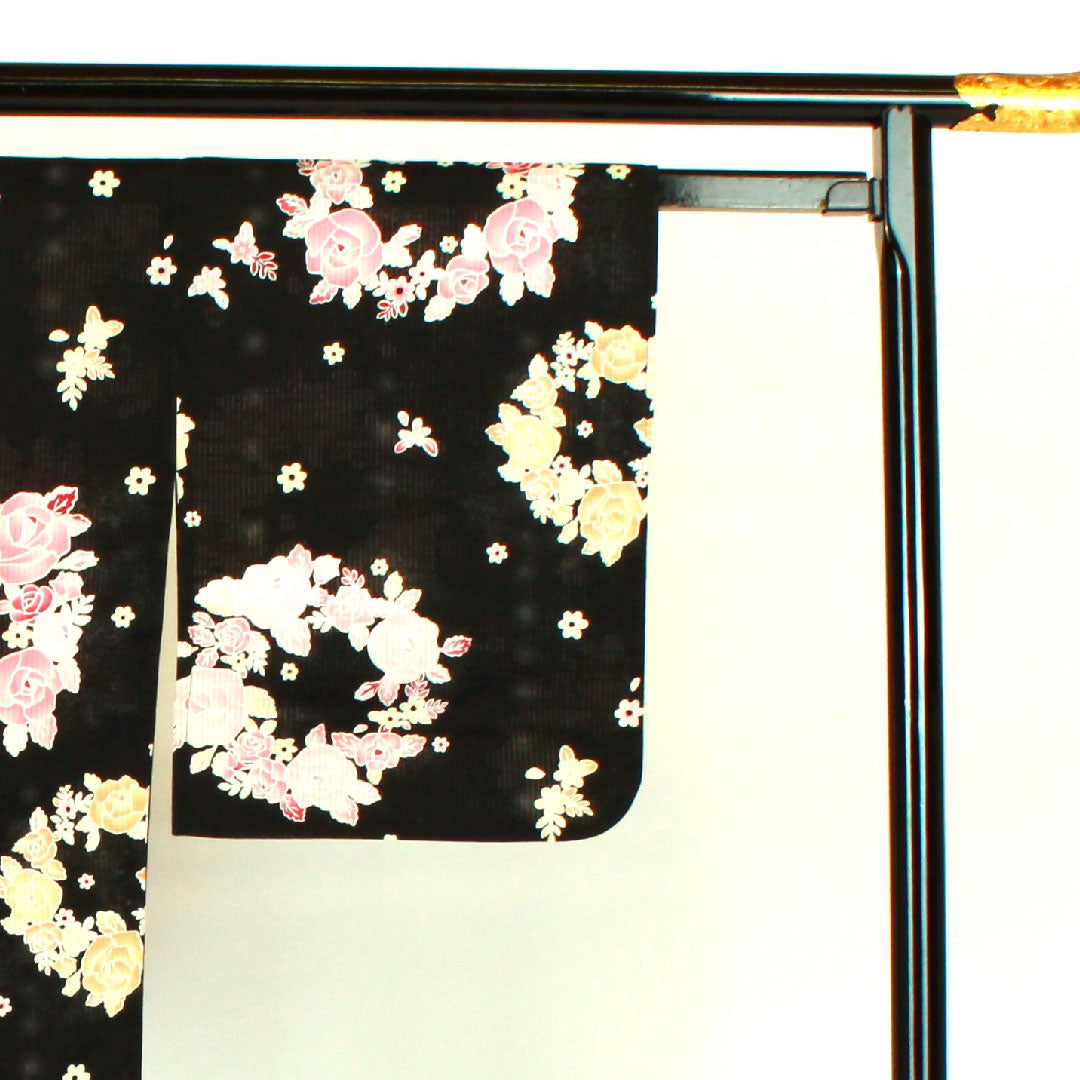 Yukata Rose Cotton S Rank Single Layer Length 163cm Sleeve Length 66cm Black 1118000382410