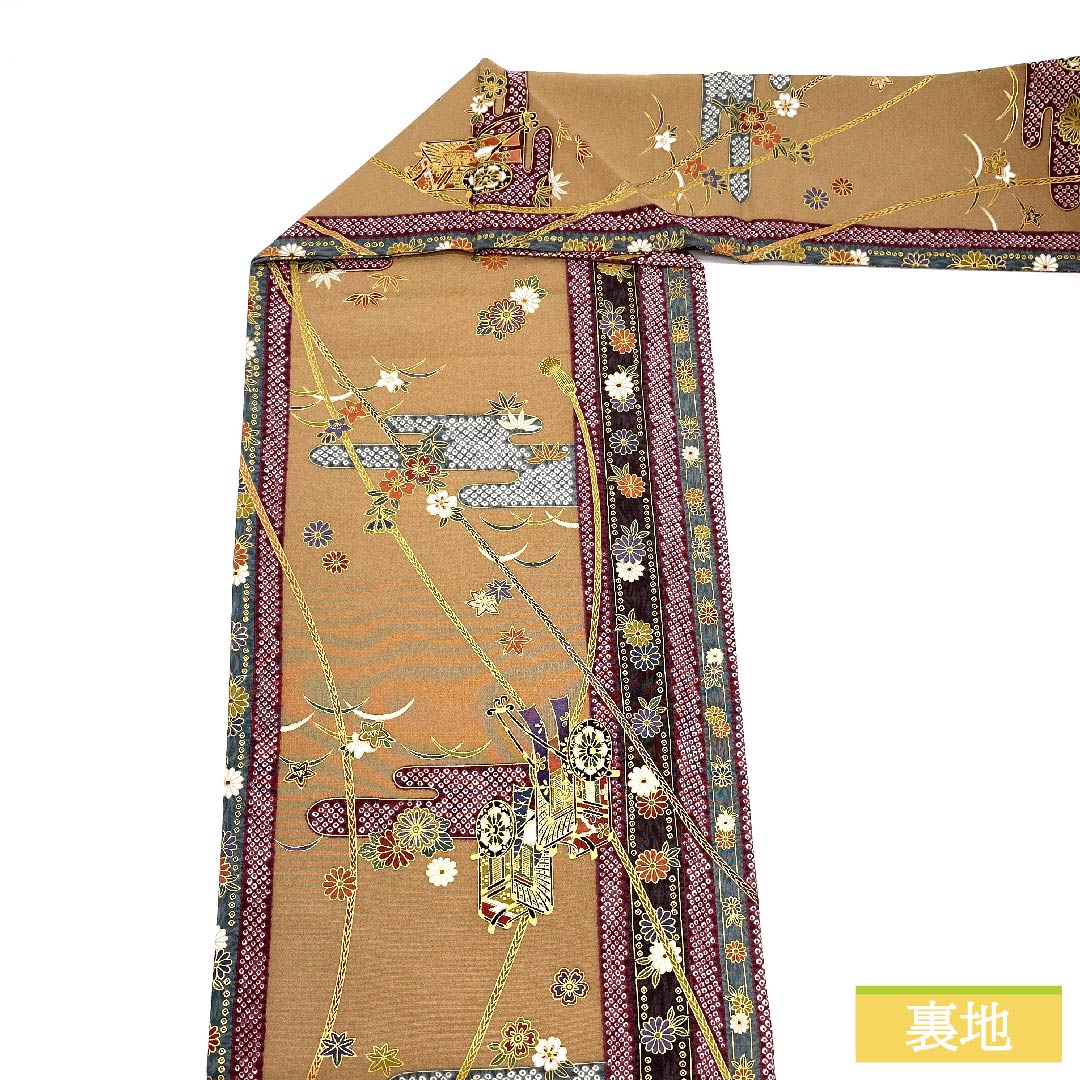 名古屋帯 浅杉染色（あさすぎそめいろ） 御所車 菊 桜 帯丈355cm 正絹 Sランク 全通 セミフォーマル ベージュ系 1124006532325 名古屋仕立て