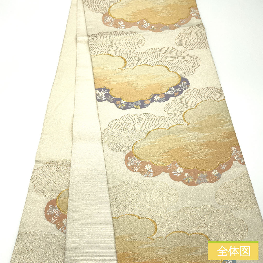 袋帯 正絹 Aランク 西陣織 雲取り 小花 帯丈428cm 六通 フォーマル 銀系 1123017233322