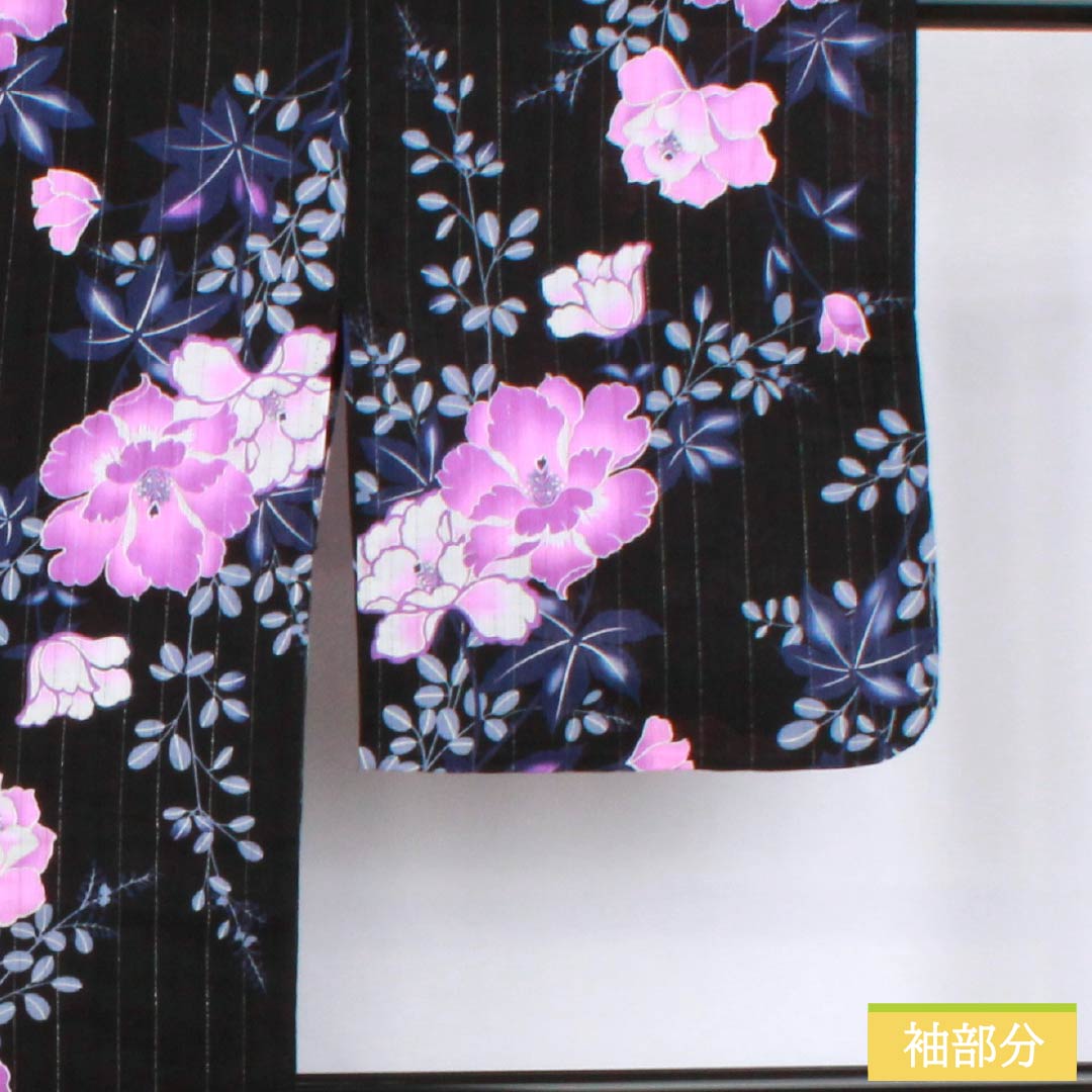 Cotton Yukata, Length 161.5cm, Sleeve Length 65cm, S Rank, Single Layer, Black, Vertical Silk, Floral Design with Silver Thread, Product Number: 1118006662410