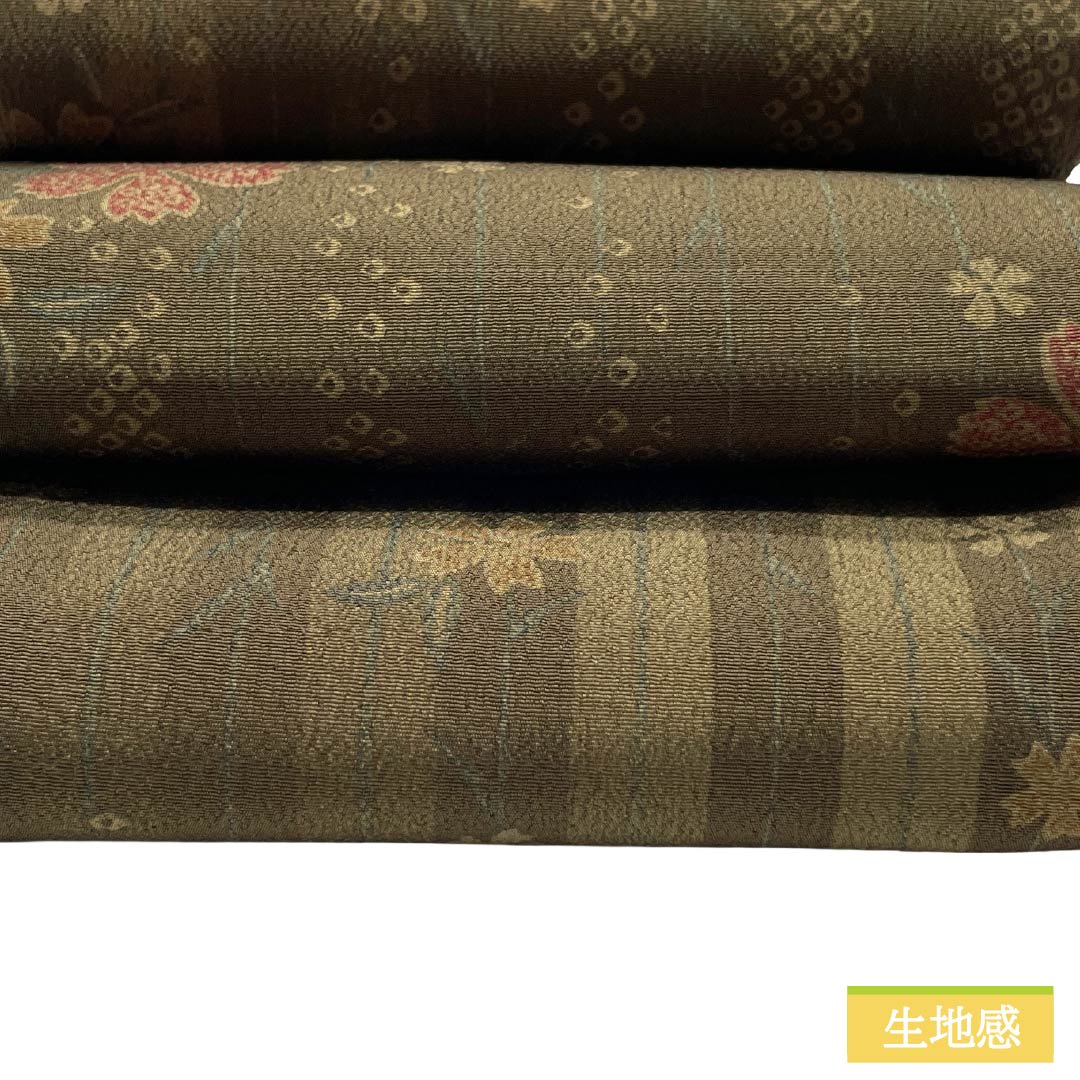 半幅帯 ポリエステル Sランク 古茶色（ふるちゃいろ） 古典柄 縞模様 桜 帯丈394cm 緑系 1125003202319