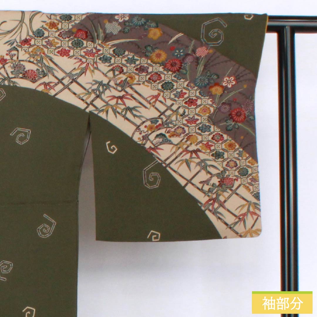 訪問着 正絹 Sランク 袷 身丈168cm 裄丈69.5cm 藍海松茶色（あいみるちゃいろ） 京紅型 紅型調 草花 渦巻き 緑系 1112006652519