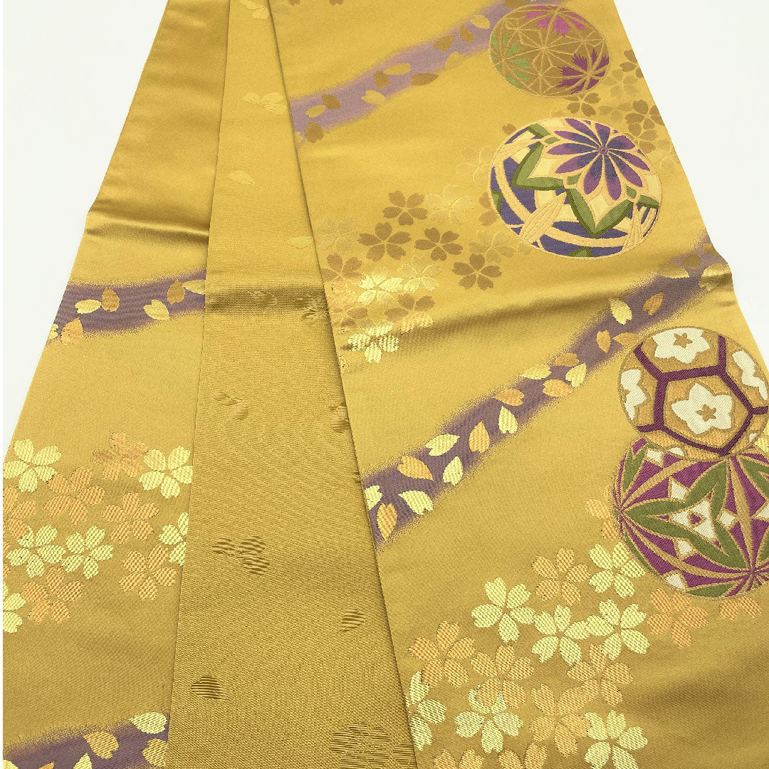 袋帯 桑染色（くわぞめいろ） 振袖用 桜 毬 帯丈444cm 正絹 Aランク 六通 フォーマル 金系 1123005183321