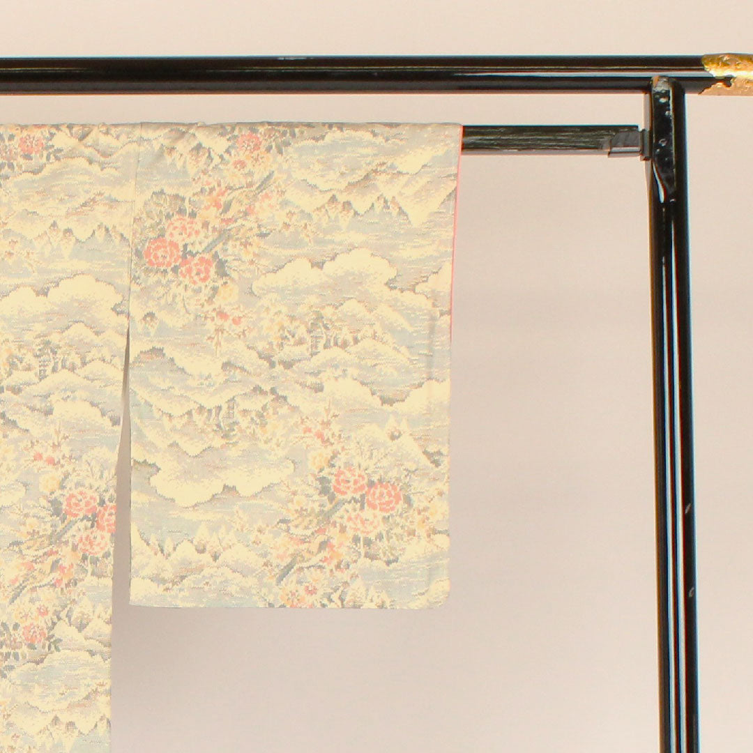 紬 身丈160cm 裄丈63cm あかね大島 風景画 正絹 Aランク 袷 クリーム系 1116000393315