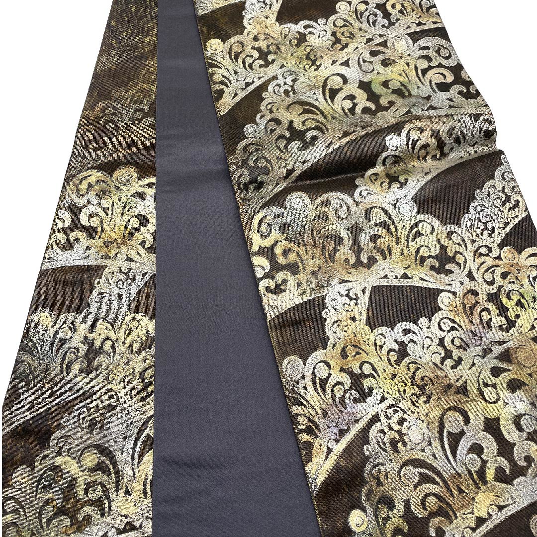 （未仕立）袋帯 憲房色（けんぼういろ） 金唐皮（きんからかわ） 抽象模様 帯丈474cm 正絹 Sランク 六通 フォーマル 茶系 1123006072414