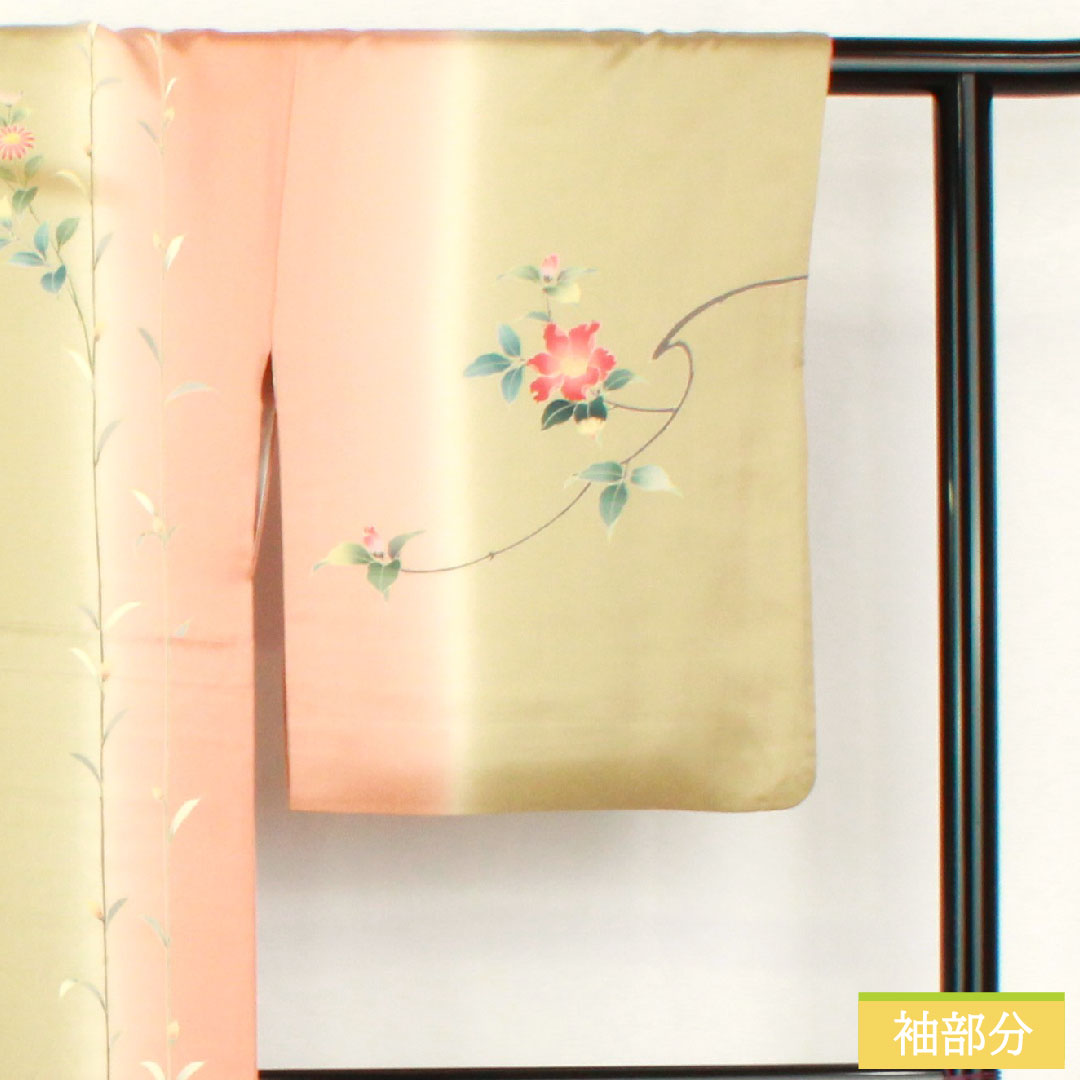 訪問着 正絹 袷 身丈163cm 裄丈68cm 亜麻色（あまいろ） 京友禅 草花模様 Aランク 緑系 1112005963419