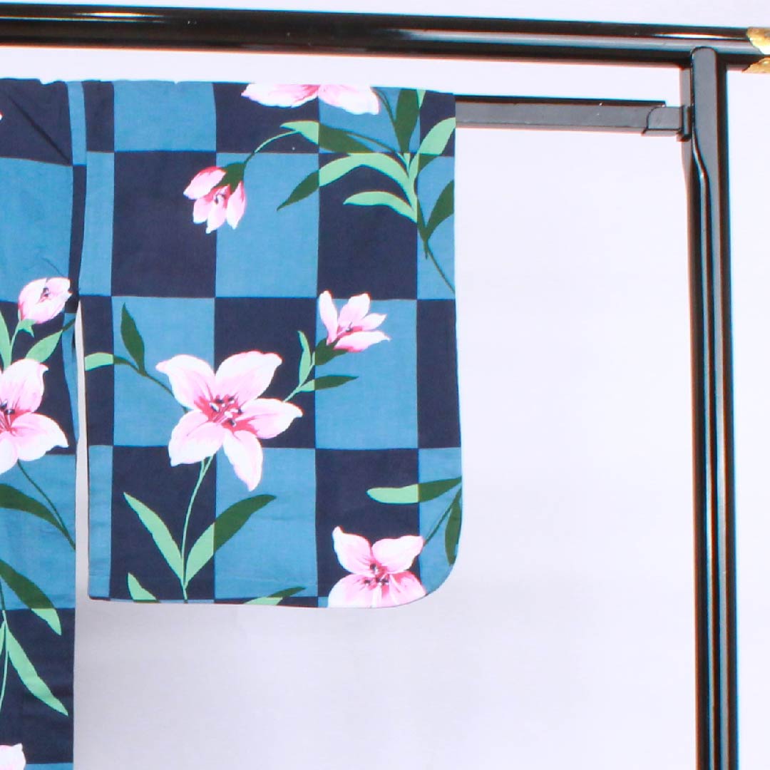 Yukata, dark blue, imitation saffron, checkered pattern, cotton, S rank, single layer, length 161cm, sleeve length 65.5cm, navy blue, 1118004112418