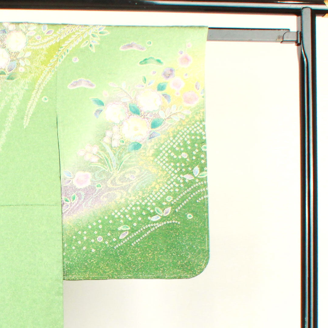 Homongi, lined, length 157.5cm, sleeve length 63cm, wasabi color, with basting thread, unused, Kyo-Yuzen, Tsujigahana, pure silk, S rank, green, 1112002702319