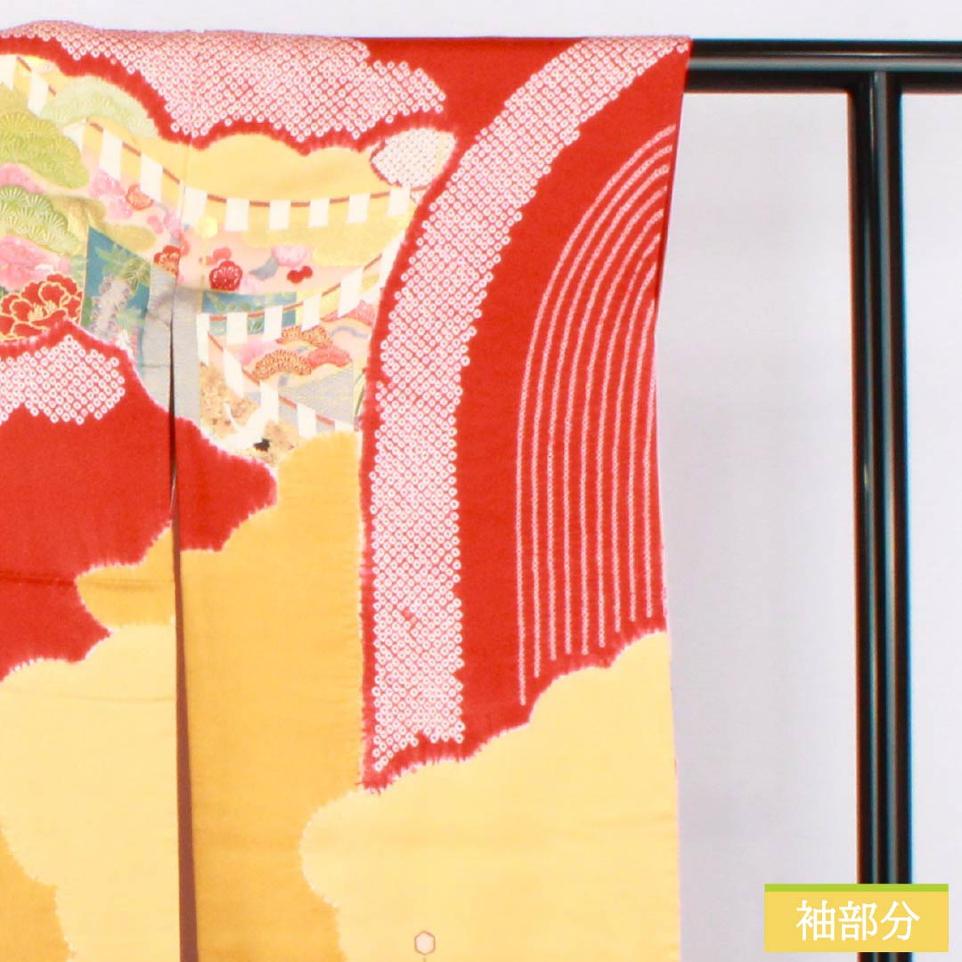 振袖 正絹 Sランク 身丈152cm 裄丈61cm 袷 緋色（ひいろ） 京友禅 吉祥文様 鶴 梅 松 赤系 1113002182212