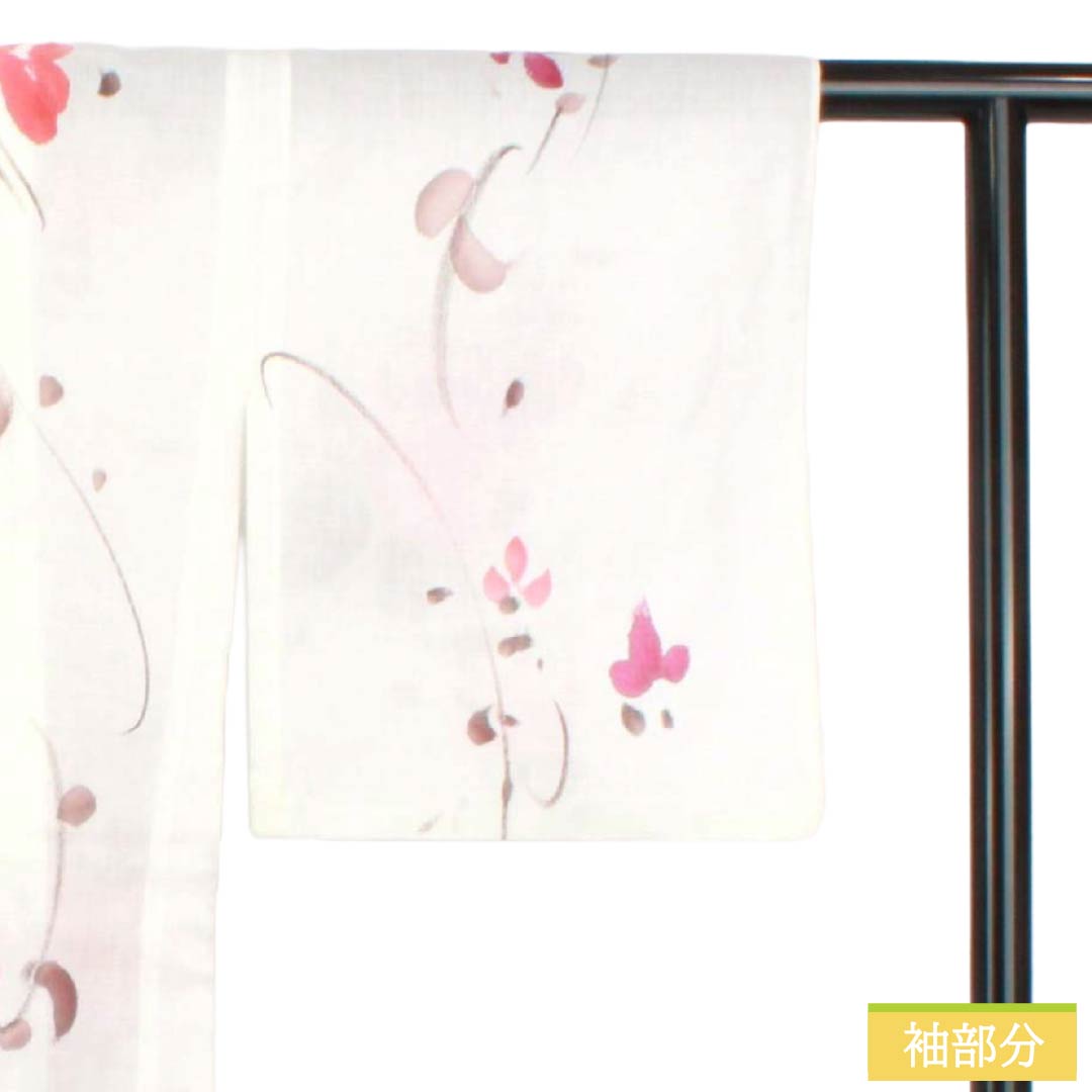 夏物 ポリエステル 小紋 Aランク 身丈158.5cm 裄丈66cm 洗える着物 濡れ描き 草花模様 紗 白系 1132006303311