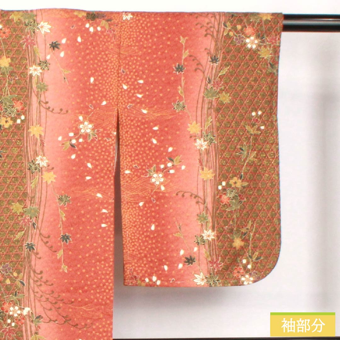 小紋 正絹 身丈163cm 裄丈64cm 袷 赤蘇芳色（あかすおういろ） 籠目 花 しつけ糸付き Sランク 朱系 1115005692416