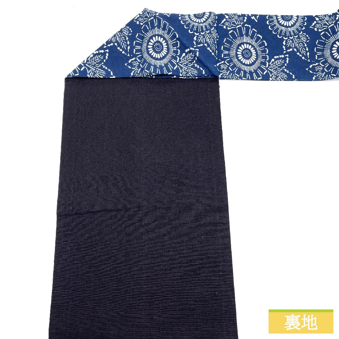 名古屋帯 正絹 紺藍色（こんあいいろ） 型染 花柄 帯丈349cm Sランク 六通 カジュアル 紺系 1124006272318 名古屋仕立て