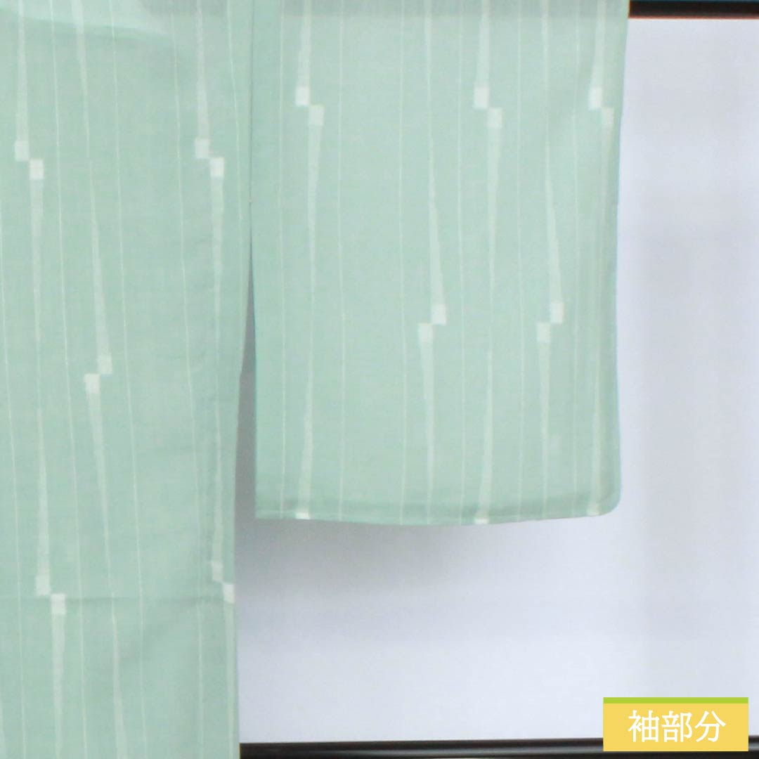 夏物 ポリエステル 小紋 身丈163cm 裄丈65cm 薄水色（うすみずいろ） 縞 洗える着物 紗 Sランク 緑系 1132002662419