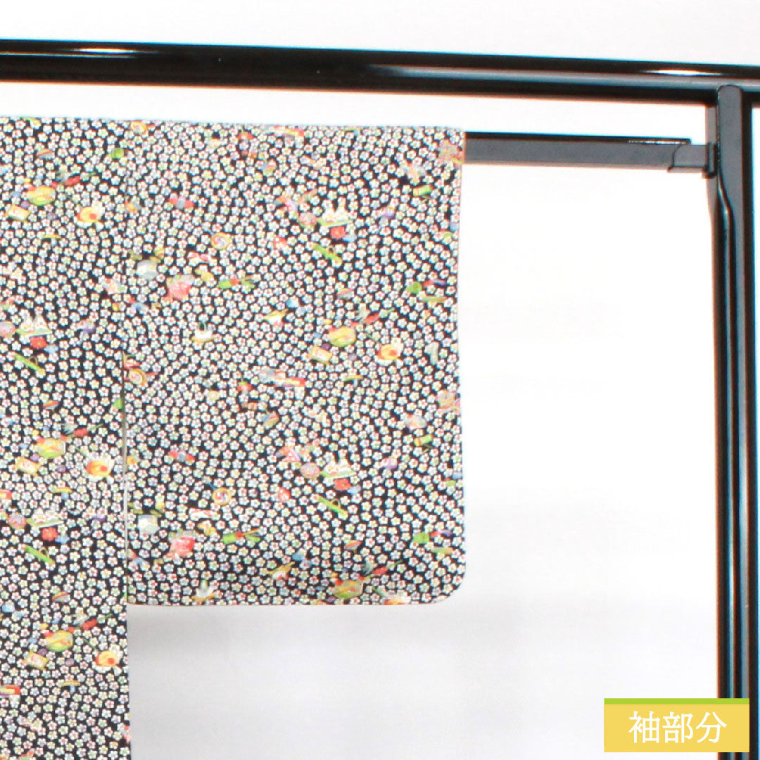小紋 正絹 身丈152cm 裄丈60.5cm 袷  吉祥文様 しつけ糸付き 未使用品  Sランク 黒系 1115003822210
