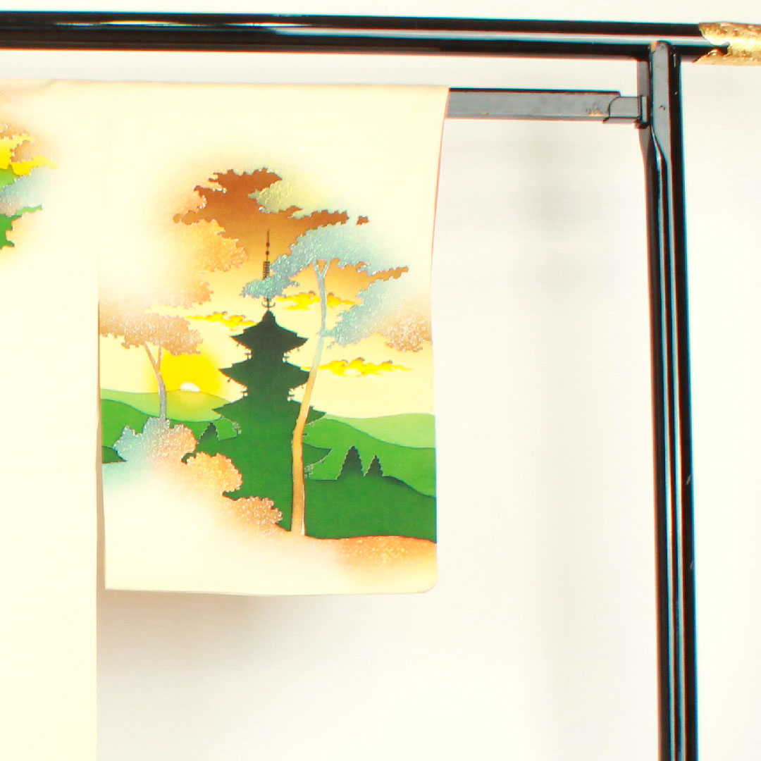 訪問着 袷 身丈152cm 裄丈60cm 砥粉色 風景模様 正絹 Aランク クリーム系 1112001873215