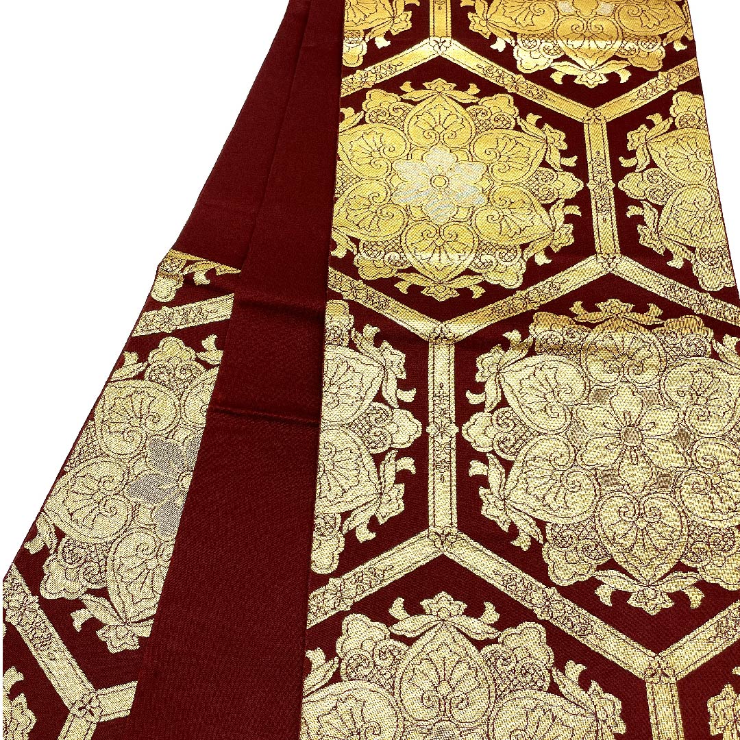 袋帯 紅海老茶色（べにえびちゃいろ） 宝相華 亀甲 帯丈416cm 正絹 Aランク 六通 フォーマル 茶系 1123002883314